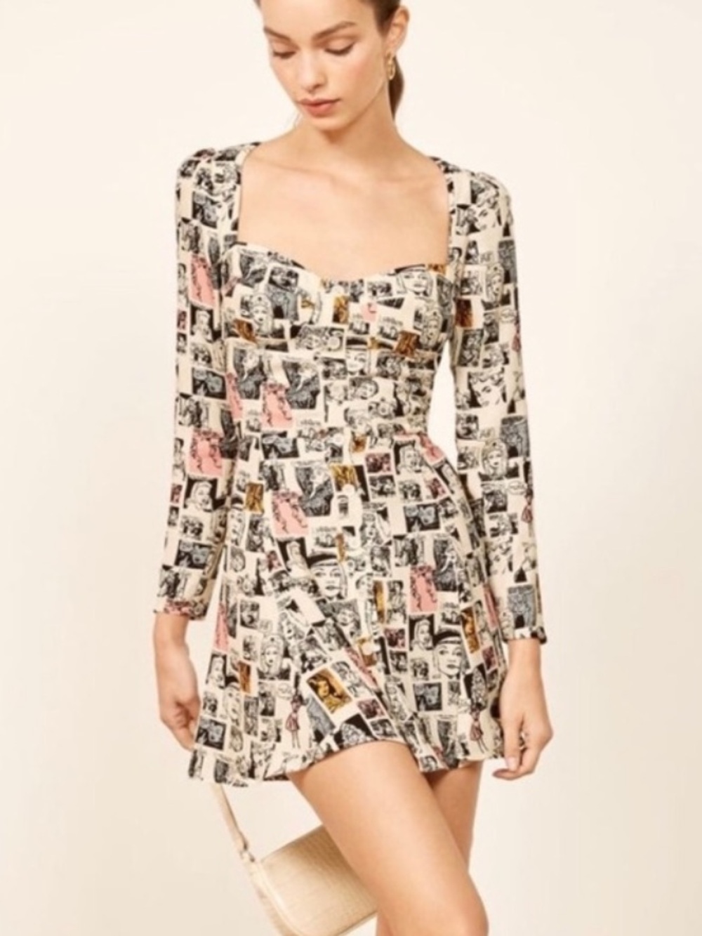 Reformation Milla Comic Print Dress Size 2 Y2K Pop Art Mini Dress Long Sleeve